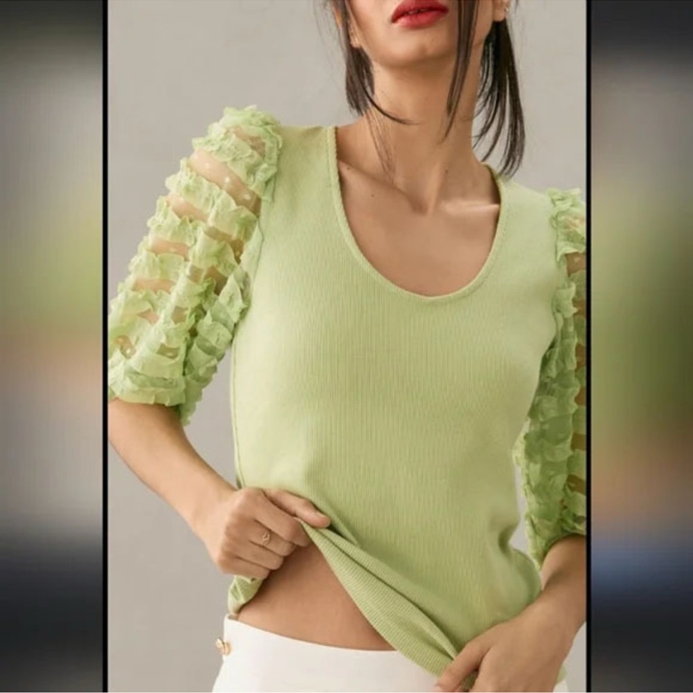 Dolan Light Green Blouse with Sheer Sleeves